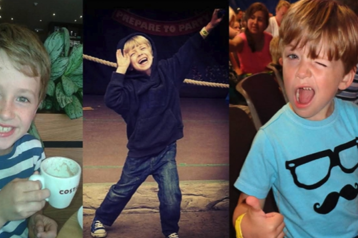 Collage of three childhood photos of the young boys: drinking from a cup and smiling, posing playfully with arms raised, and winking while giving a thumbs-up in a blue T-shirt.